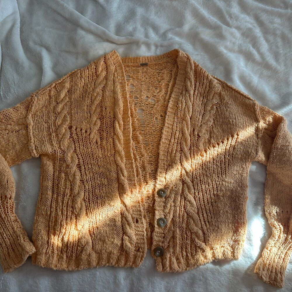 Free People Luxury Cable Knit Cardigan Peach Boho Button Sweater Small - Picture 5 of 7